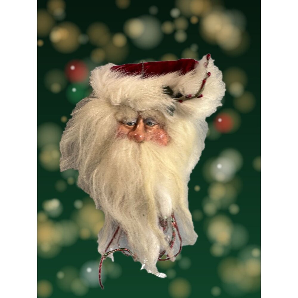 Handmade Folk Art Santa Ornament Blue Glass Eyes Red Velvet Hat White Fur Trim 1
